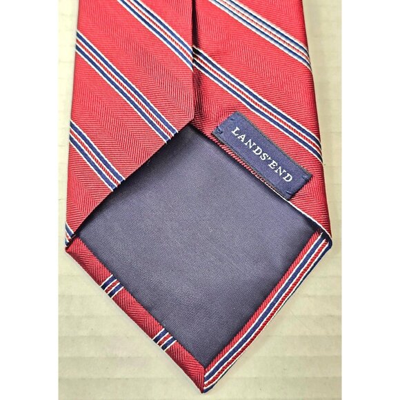 Lands End Red Striped Silk Tie With Herringbone Pattern Repp Burgundy Blue - Picture 5 of 5